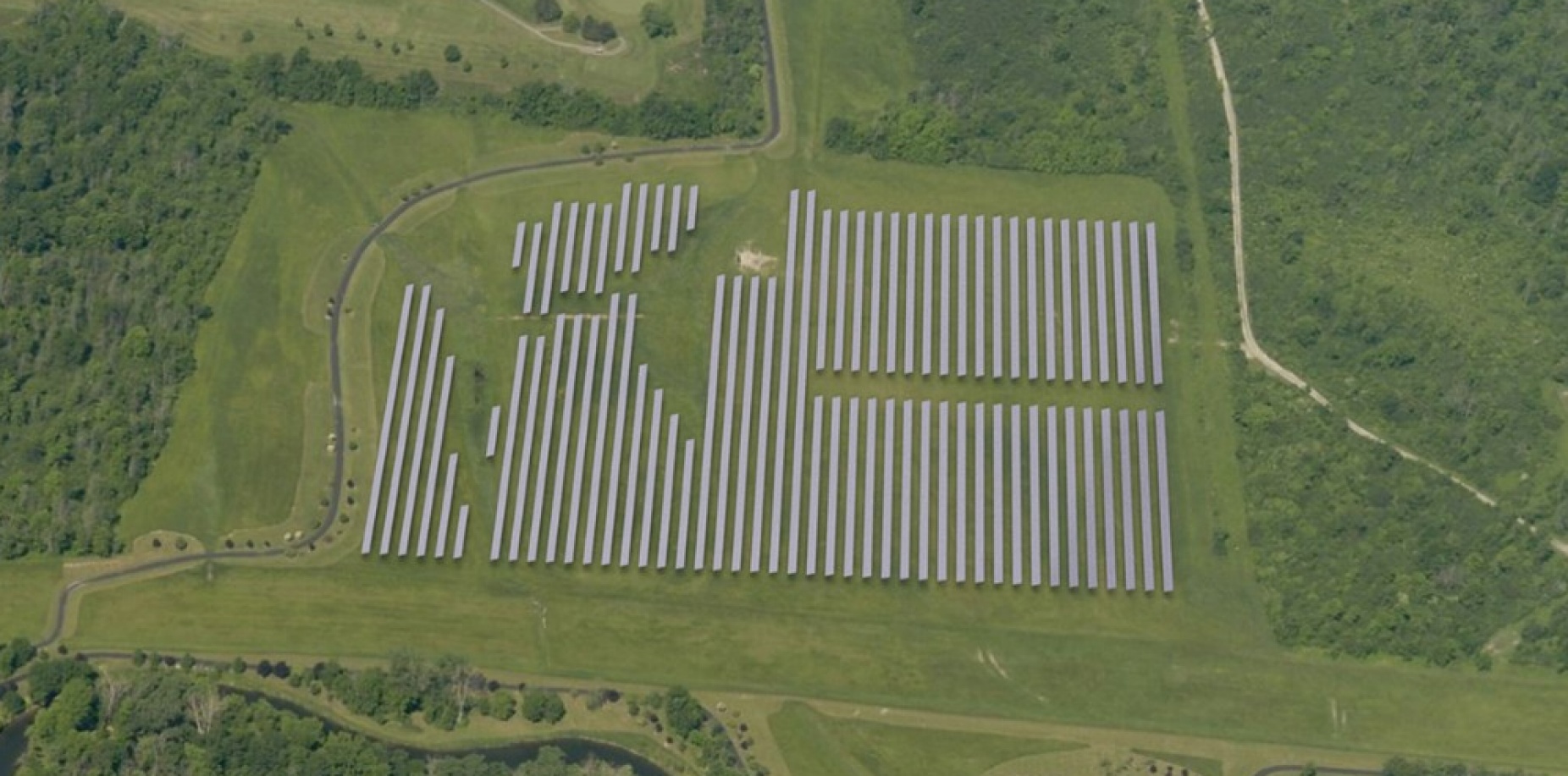 Zoom image: The largest concentration of new solar panels on UB's North Campus will be placed to the east of Millersport Highway on university-owned property in a large field near the Amherst bike path and 9/11 Memorial Grove. 