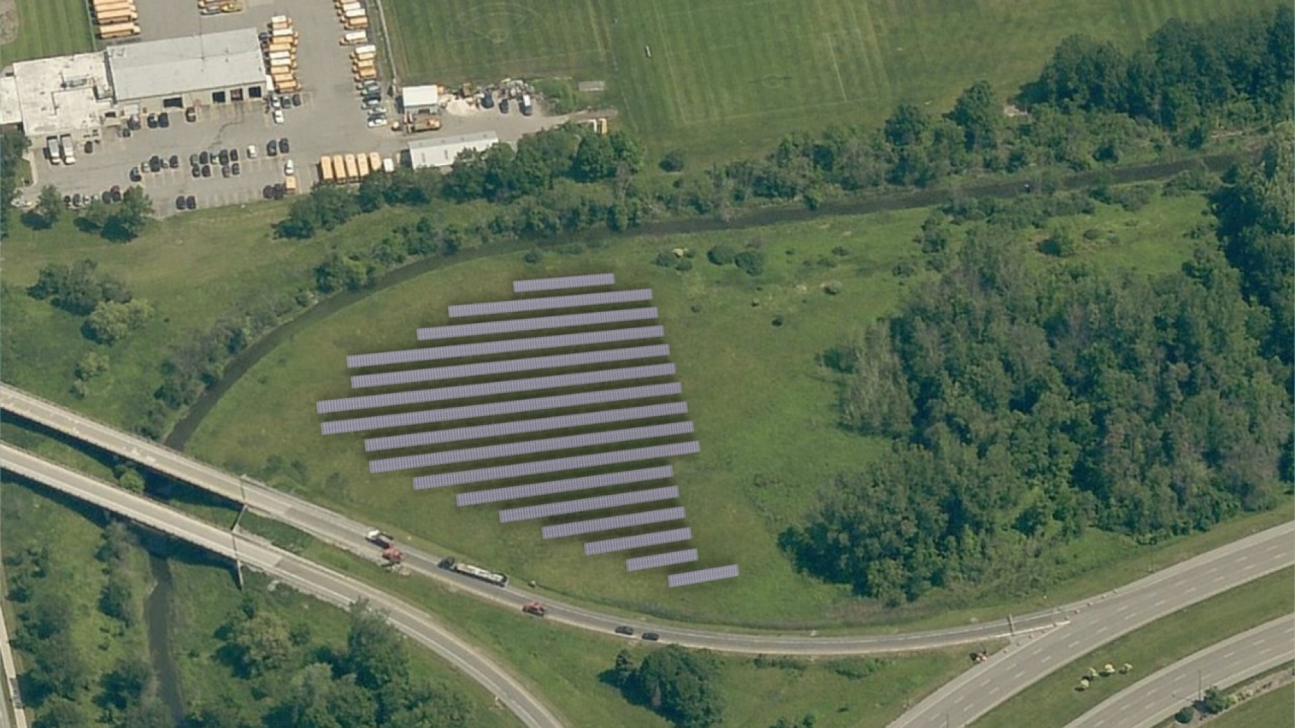 Zoom image: A smaller series of solar arrays will be constructed between John James Audubon Parkway and Bizer Creek. At the top of this rendering is the Sweet Home Schools bus garage. 