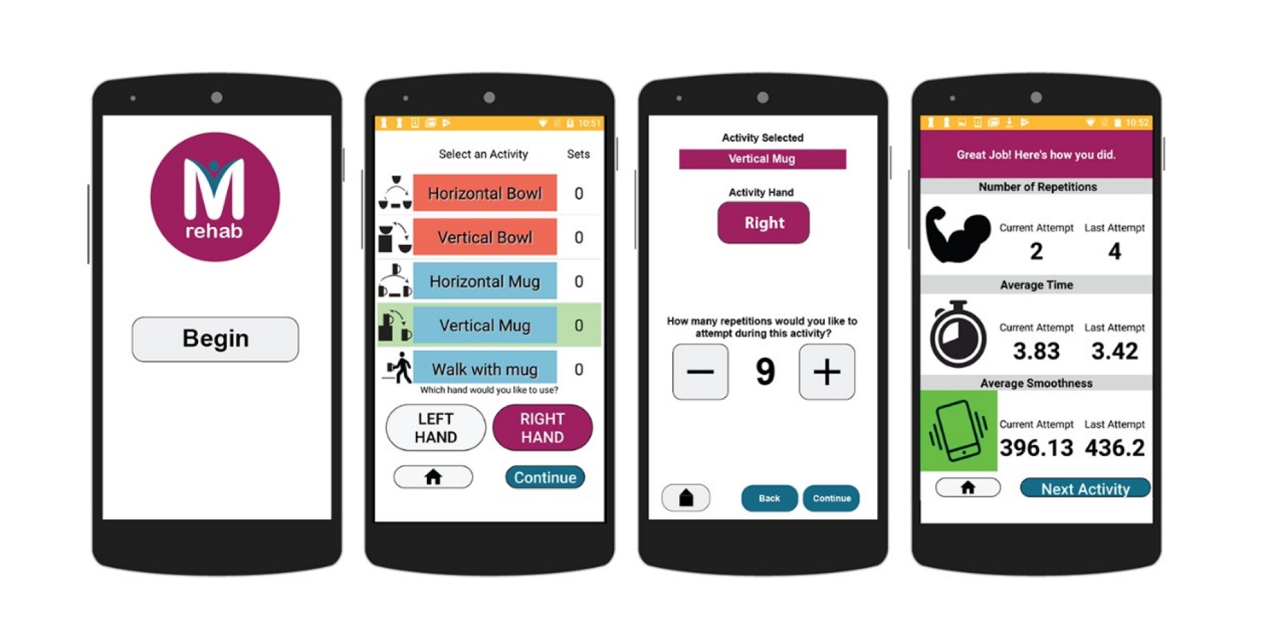 These screen simulations show the user interface for the mRehab smartphone app that UB researchers created as part of a program to help stroke survivors recover at home. 