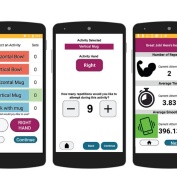 Screen simulations on a smartphone showing the user interface for the mRehab app. 
