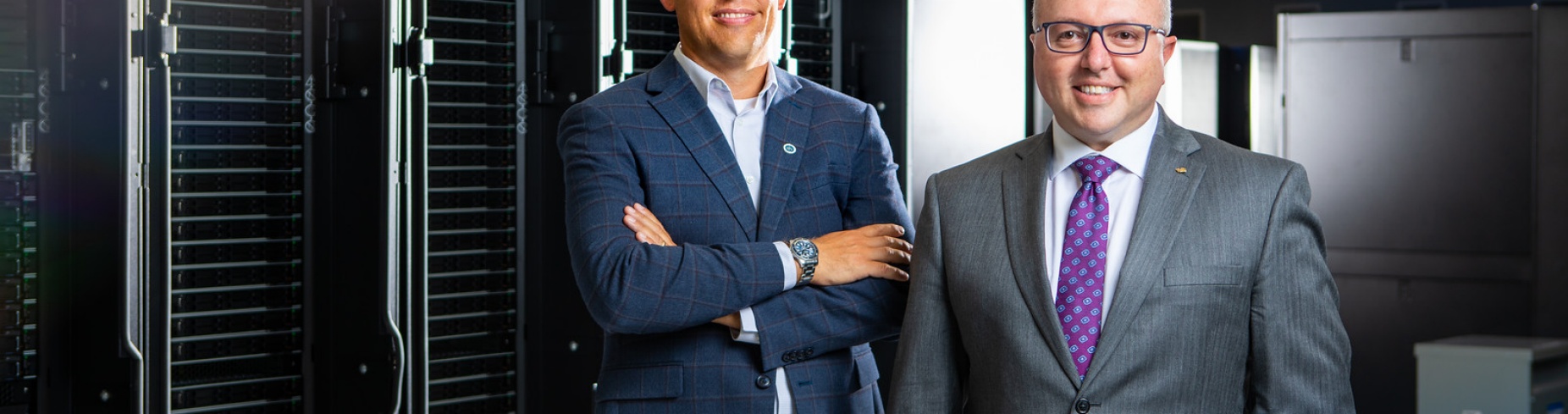 Scott Van Wart (left) and Donald Mager (right) posed for a portrait in Center Bioinformatics Life Sciences (CBLS) in 2020. They are with Enhanced Pharmacodynamics. 
