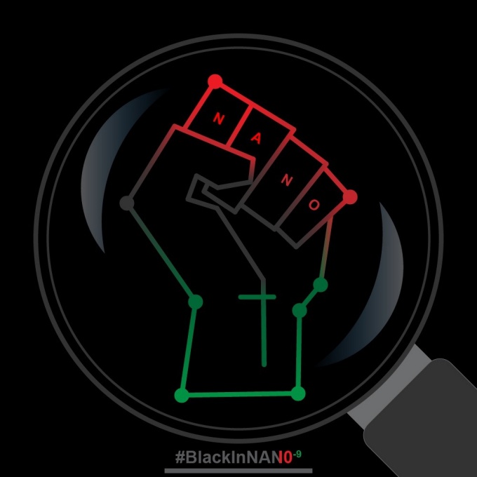 A raised fist with the letters N A N O on the fingers. 