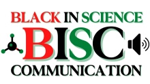 Black In Science Communication logo, with the words "Black In Science Communication" and BISC in red, black and green, with illustrations of a molecule and a speaker. 