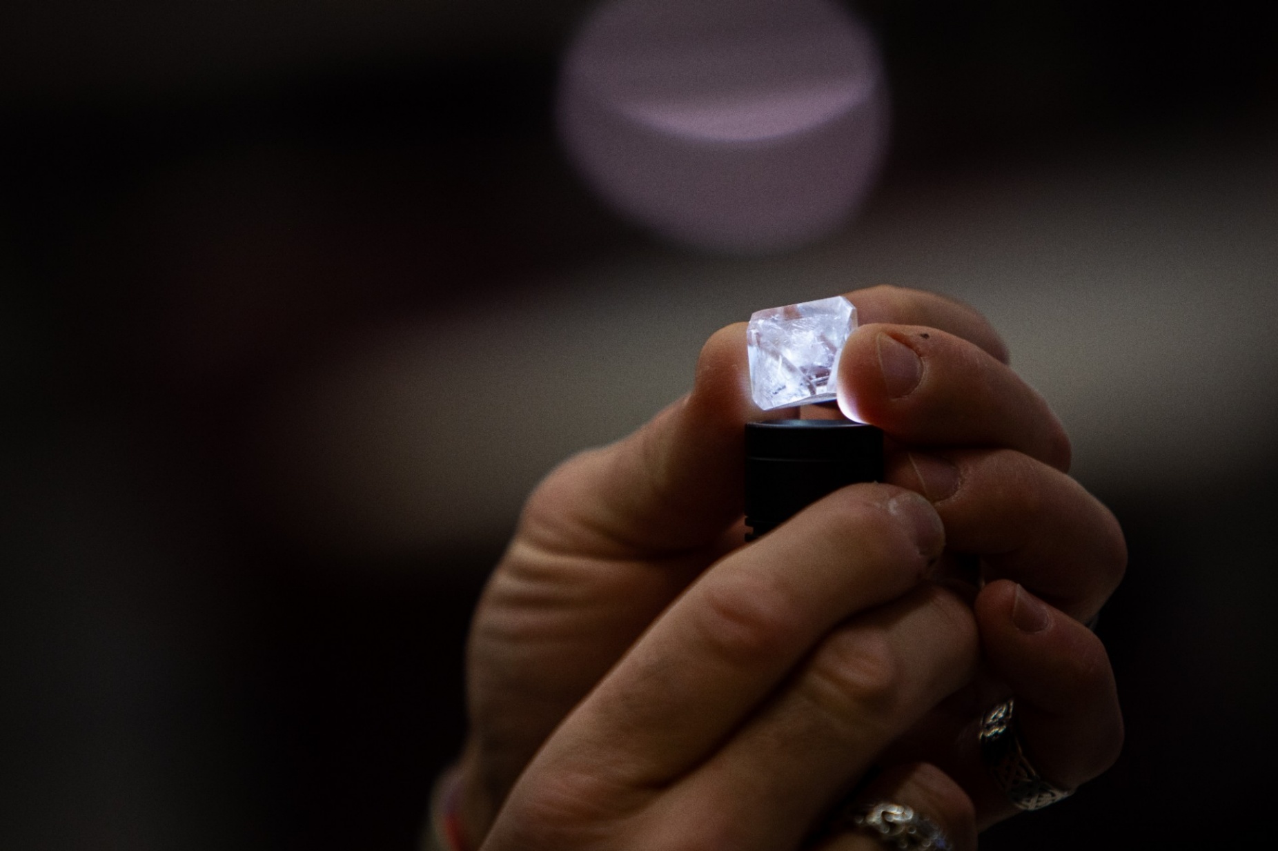 Zoom image: Travis Nelson, graduate instructional support technician in the UB Department of Geology, shines a light through a crystal. Credit: Meredith Forrest Kulwicki. Additional photos of the crystal contest judging are available for download. 