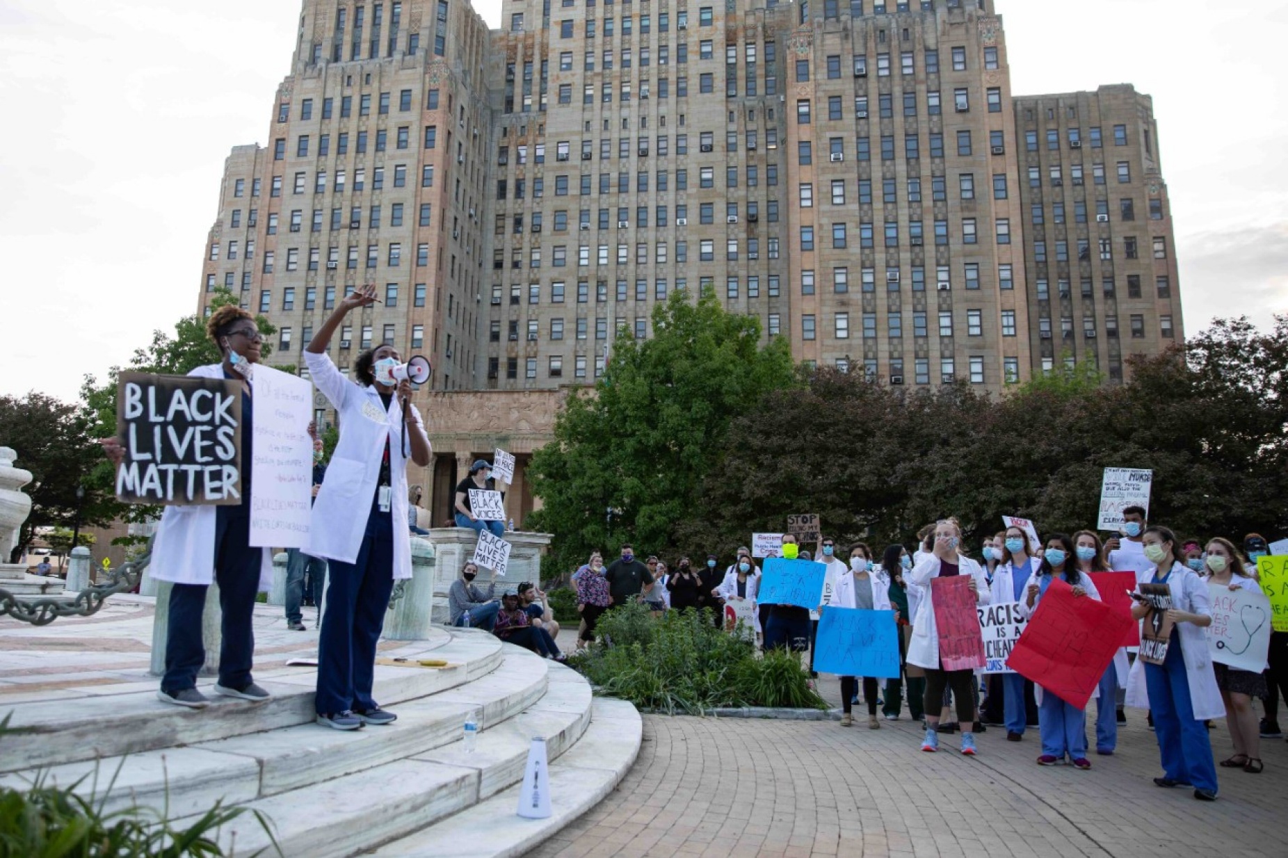 Zoom image: UB medical residents, students and faculty joined with other health care workers for the White Coats for Black Lives protest in June 2020. Photo: Meredith Forrest Kulwicki 