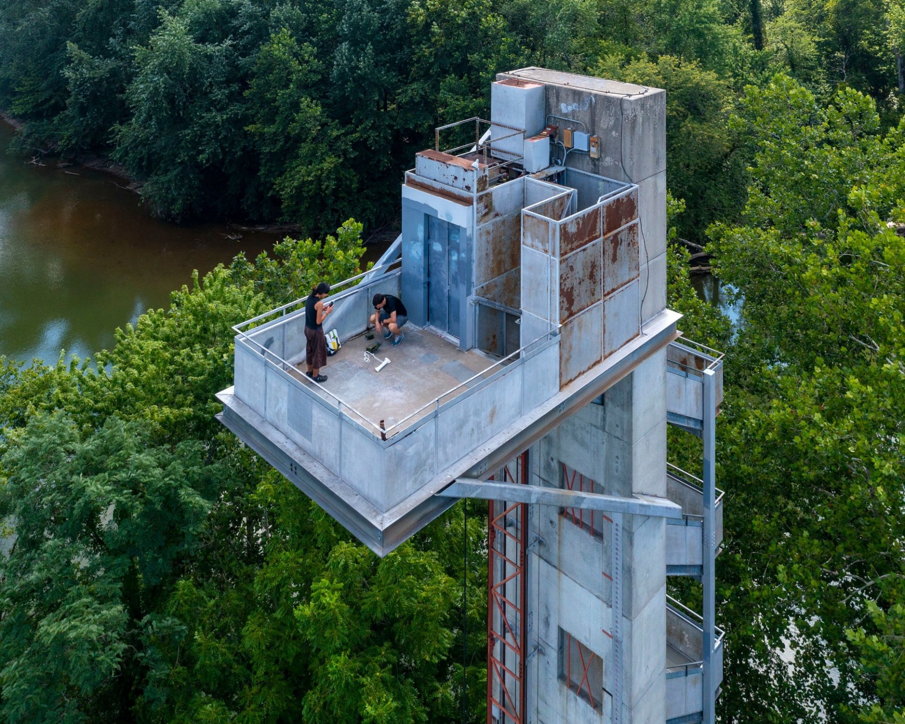 Zoom image: Ultrasonic detectors placed at the top of the 84-foot-tall observation tower in Mill Race Park will regularly record bat calls. The recordings will be accessible to visitors, both in-person and through online platforms. Photo: Hadley Fruits 