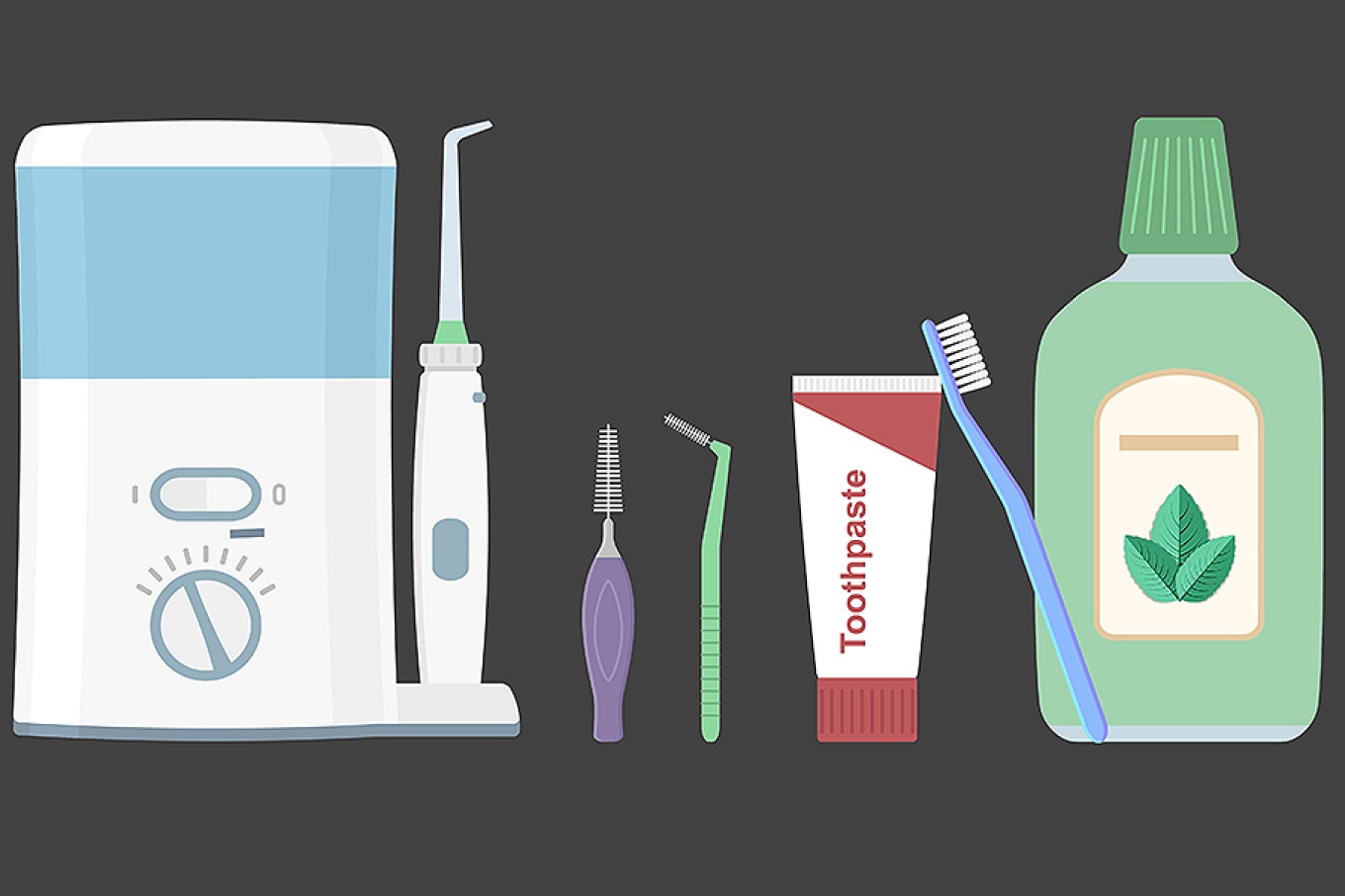 Water pick, interdental brushes, regular toothpaste and toothbrush and mouthwash are the best oral hygene tools. 