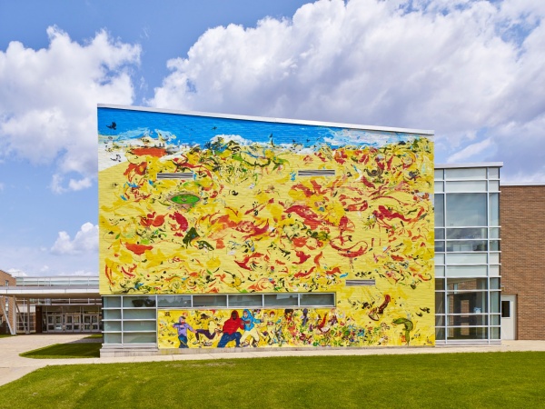 Zoom image: The UB Arts Collaboratory Working Artists Lab collaborative mural at Buffalo Academy for Visual and Performing Arts. Photo by Biff Henrich, courtesy of Cecily Brown, UB Arts Collaboratory Working Artists Lab, Buffalo and Bortolami, New York. 