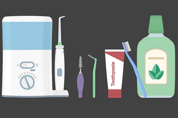 Zoom image: Proven oral hygiene tools include the basic toothbrush; interdental brush; water pick; and CHX, CPC and essential oil (Listerine) mouth rinses. Image may not be republished. 