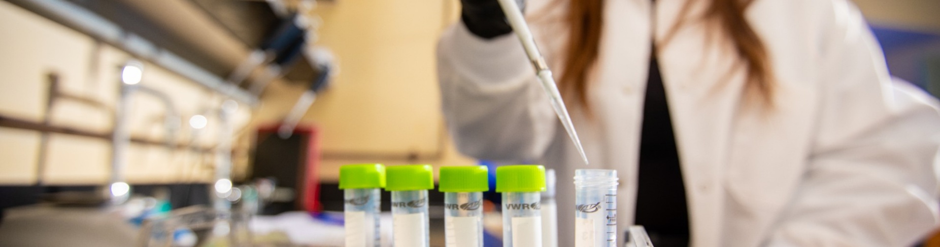 Zoom image: UB chemistry PhD candidate Rebecca Dickman uses a technique called serial dilution to prepare wastewater extracts containing PFAS prior to analysis. Dickman's research, part of a National Science Foundation-funded project, focuses on developing better methods for measuring PFAS in environmental samples. A major part of this work involves understanding how the nature of different samples &mdash; such as wastewater, sludge, solid wastes, and biological samples &mdash; impact instrument signals for various PFAS, which in turn affects the accuracy of analytical methods. Credit: Douglas Levere / University at Buffalo 