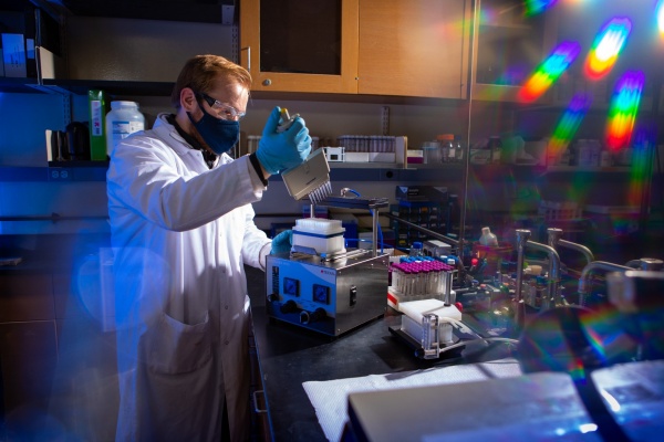 Zoom image: UB chemistry PhD candidate Logan Running prepares samples of steroid hormones for chemical analysis. Running&rsquo;s research, part of a National Science Foundation-funded project, focuses on developing methods to study how exposure to PFAS can alter production of steroid hormones in human cells. This project is one of several in the Aga lab that investigates topics relating to PFAS toxicity. Credit: Douglas Levere / University at Buffalo 