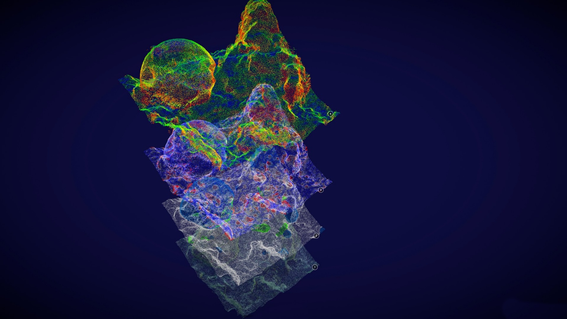 Zoom image: A four-layered model with each layer using small dots of different colored to depict varying characteristics of the surface of a coral reef.