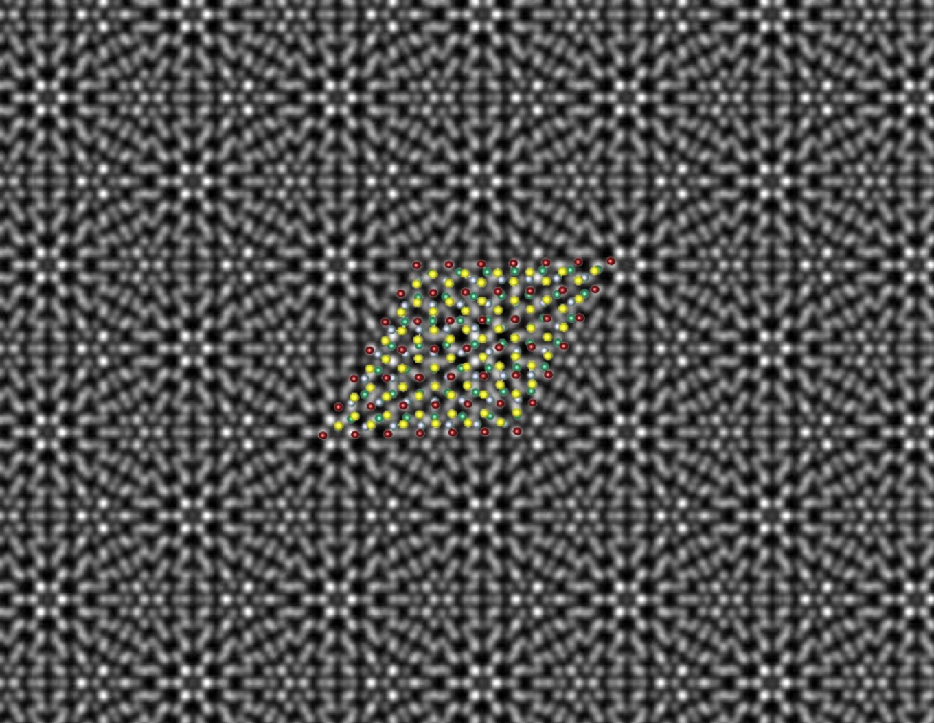 Zoom image: A scanning transmission electron microscope image reveals a beautiful periodic pattern (called a “moiré pattern&quot;) resulting from the epitaxial chromium telluride/tungsten diselenide superlattice; superimposed is the atomic model of the superlattice. Credit: Mengying Bian and Liang Zhu 