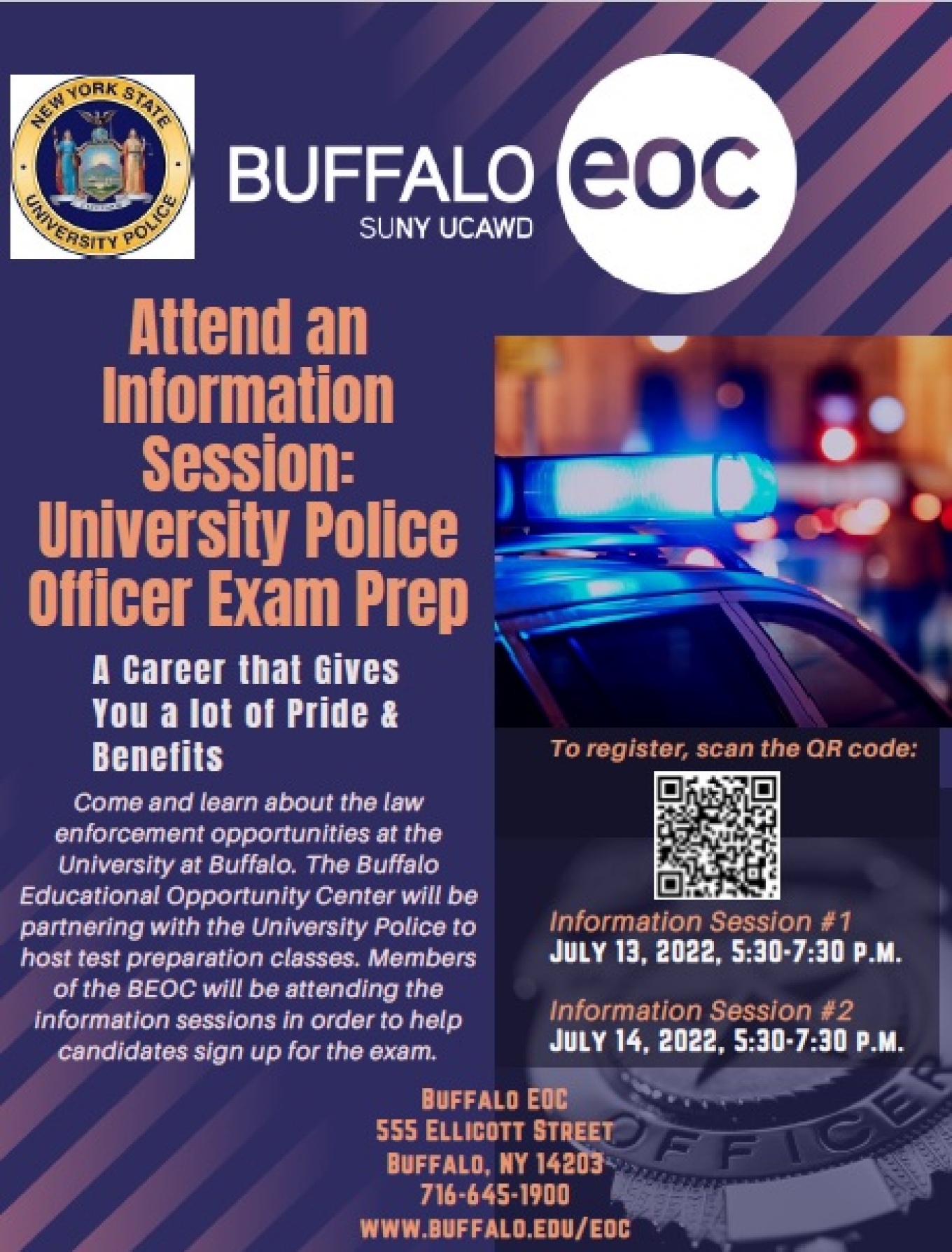 A flier advertising the police exam prep sessions. It includes a QR code to scan to register for the sessions.