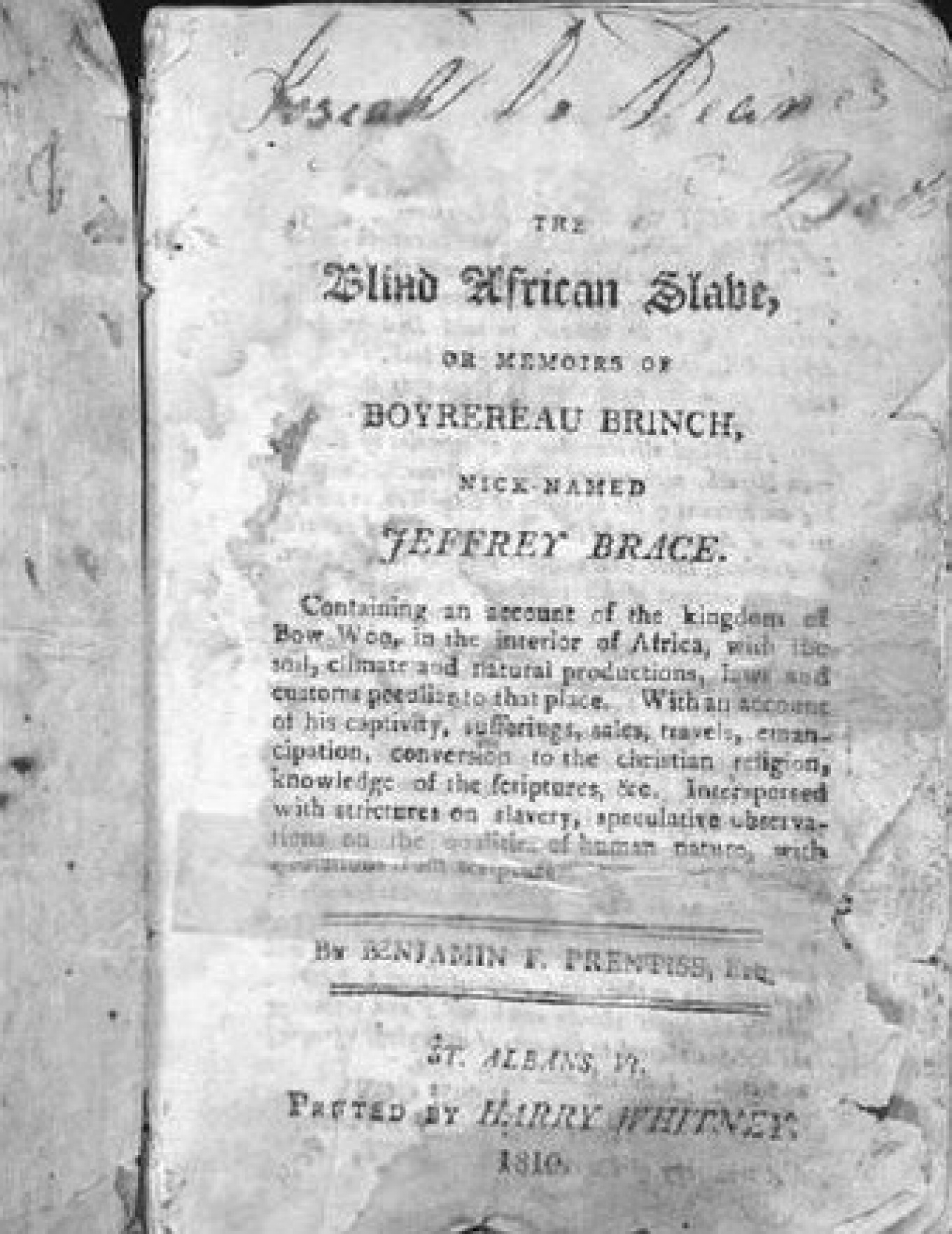 Zoom image: Title page of &ldquo;The Blind African Slave,&rdquo; 1810 edition. Crafts Family Papers, Special Collections, University of Vermont Library. 