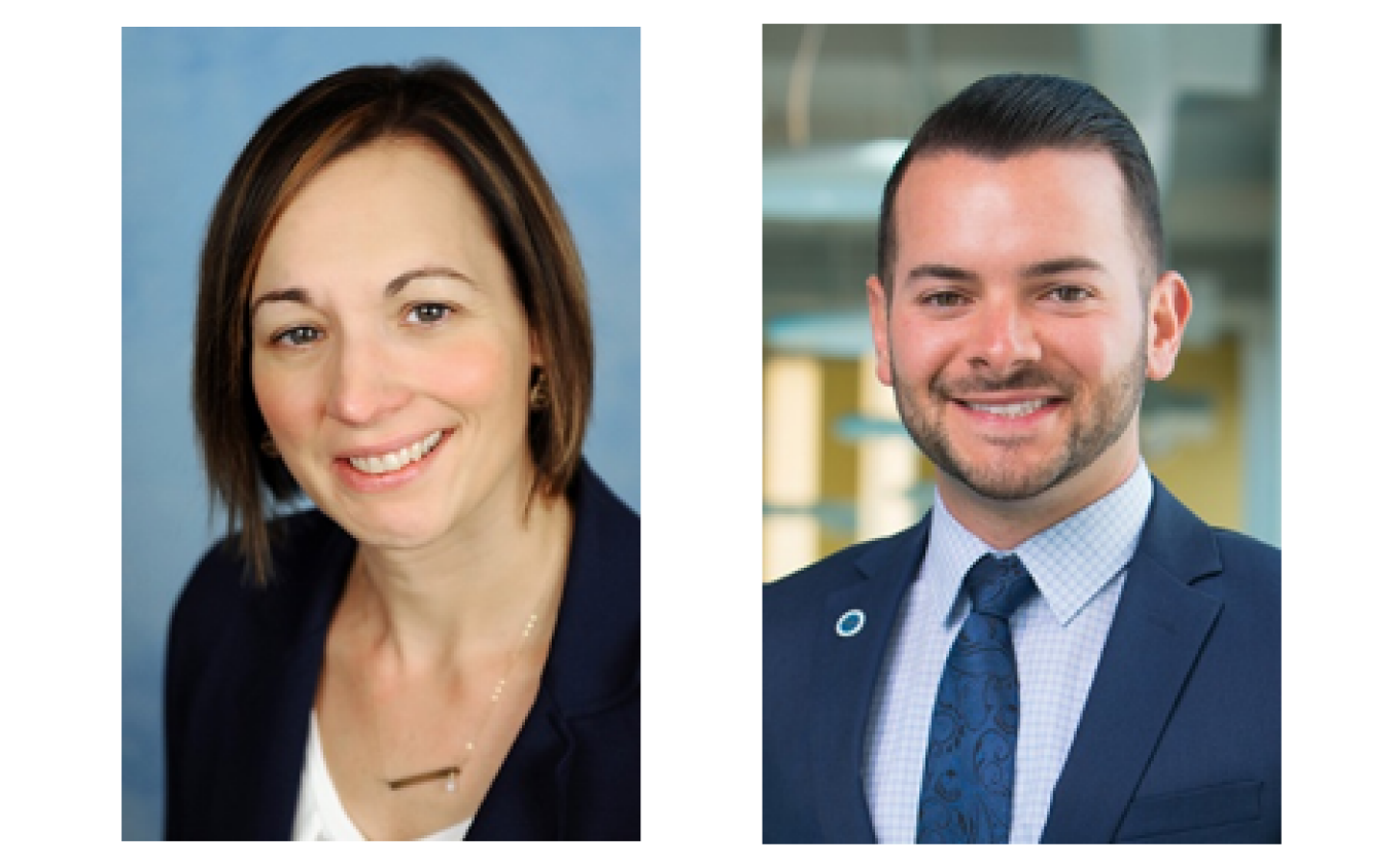 Two portraits, side-by-side. The portrait of a woman with shoulder-length hair on the left wearing a blazer and white shirt. The portrait of a man on the right with short hair and wearing a blue suit and tie.
