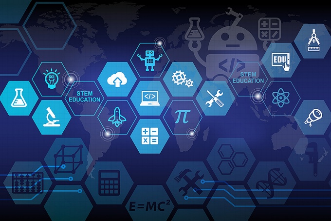 Illustration of STEM-related icons, including beakers, rockets, robots on a blue background. 