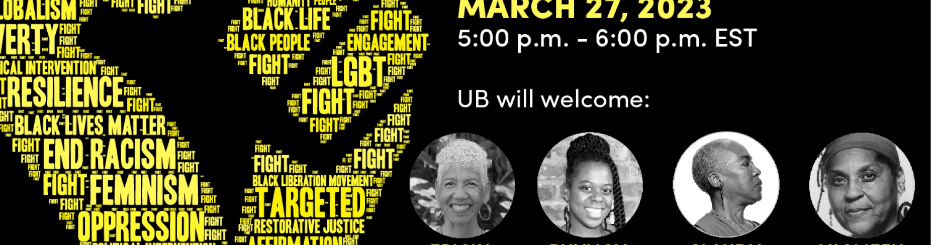 Image of a large closed fist and photos of the panelists.