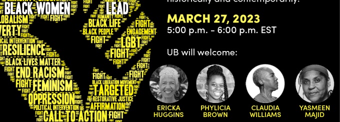 Image of a large closed fist and photos of the panelists. 