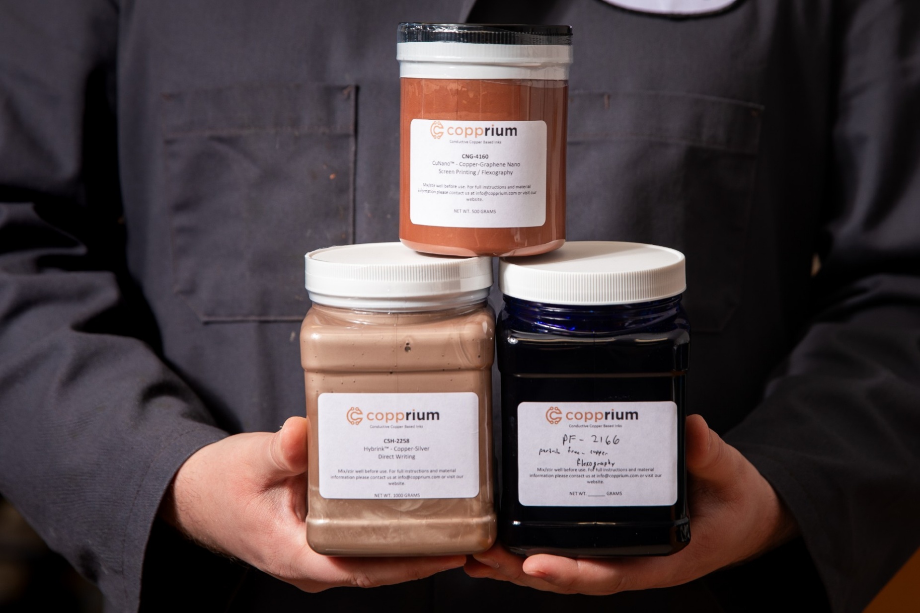 Zoom image: Copprium's copper ink products include its CuNano, Hybrink and ZeroParticle lines. Photo: Meredith Forrest Kulwicki/University at Buffalo 