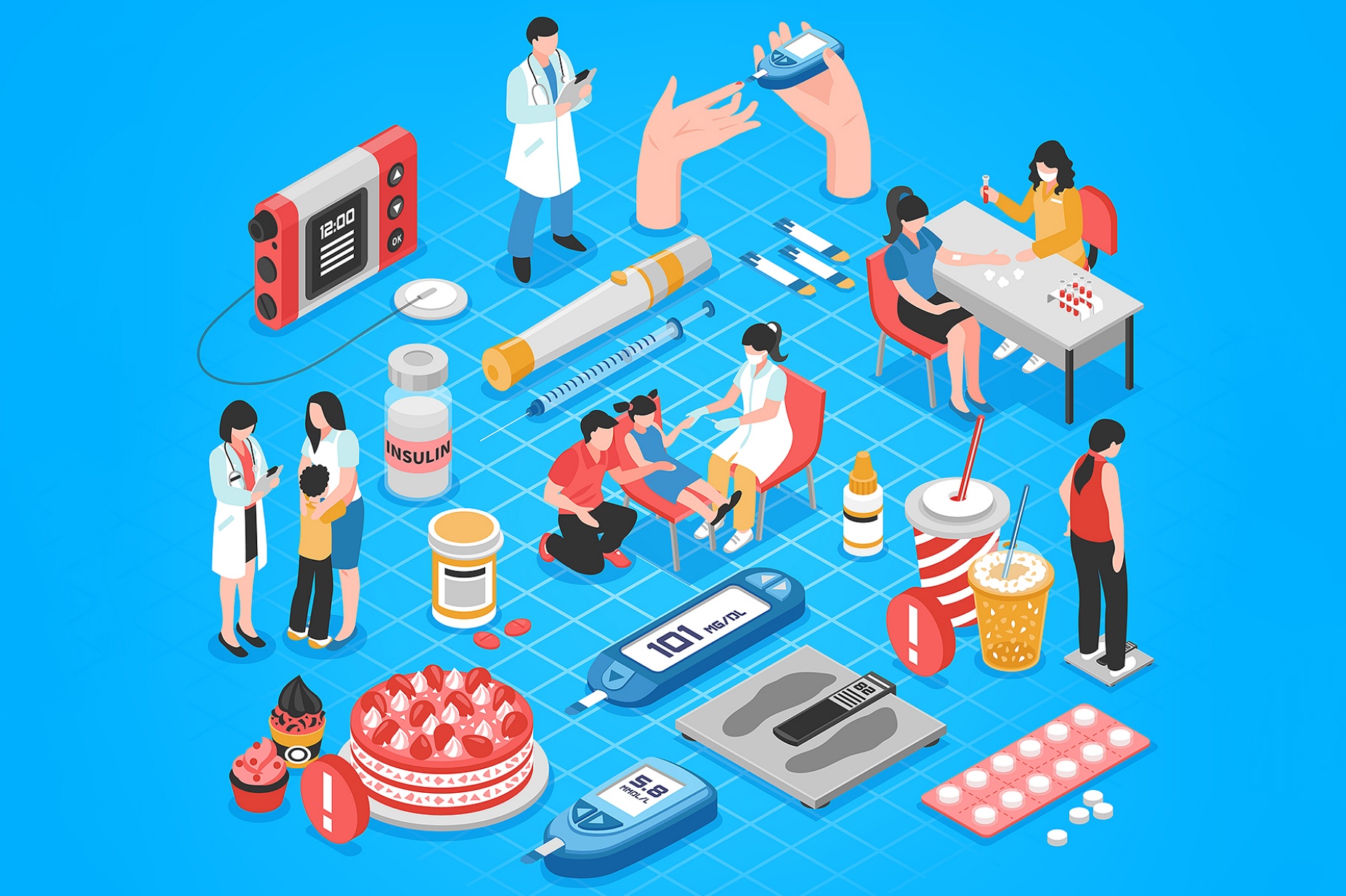 Various aspects of treating type 1 diabetes including diet, medication, weight control, blood sugar monitoring.