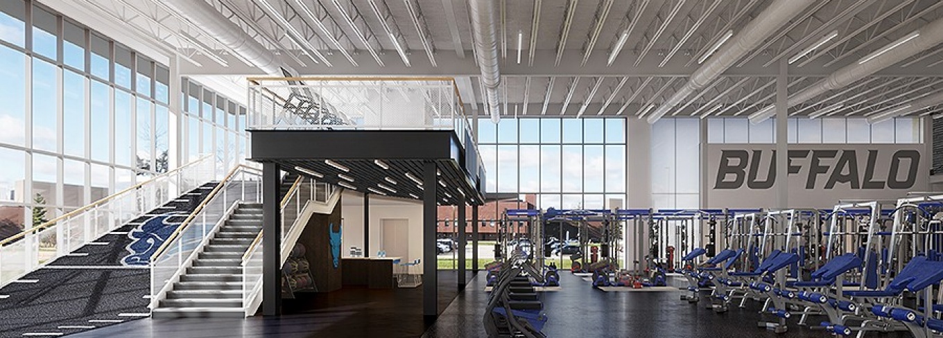 Zoom image: The new 12,000-square-foot, multi-level Brittany Murchie Mulla Sports Performance Center will double the size of the current Morris Sports Performance Center, which will be repurposed. The new center will be connected to the Murchie Family Fieldhouse. Image: Courtesy of UB Athletics 