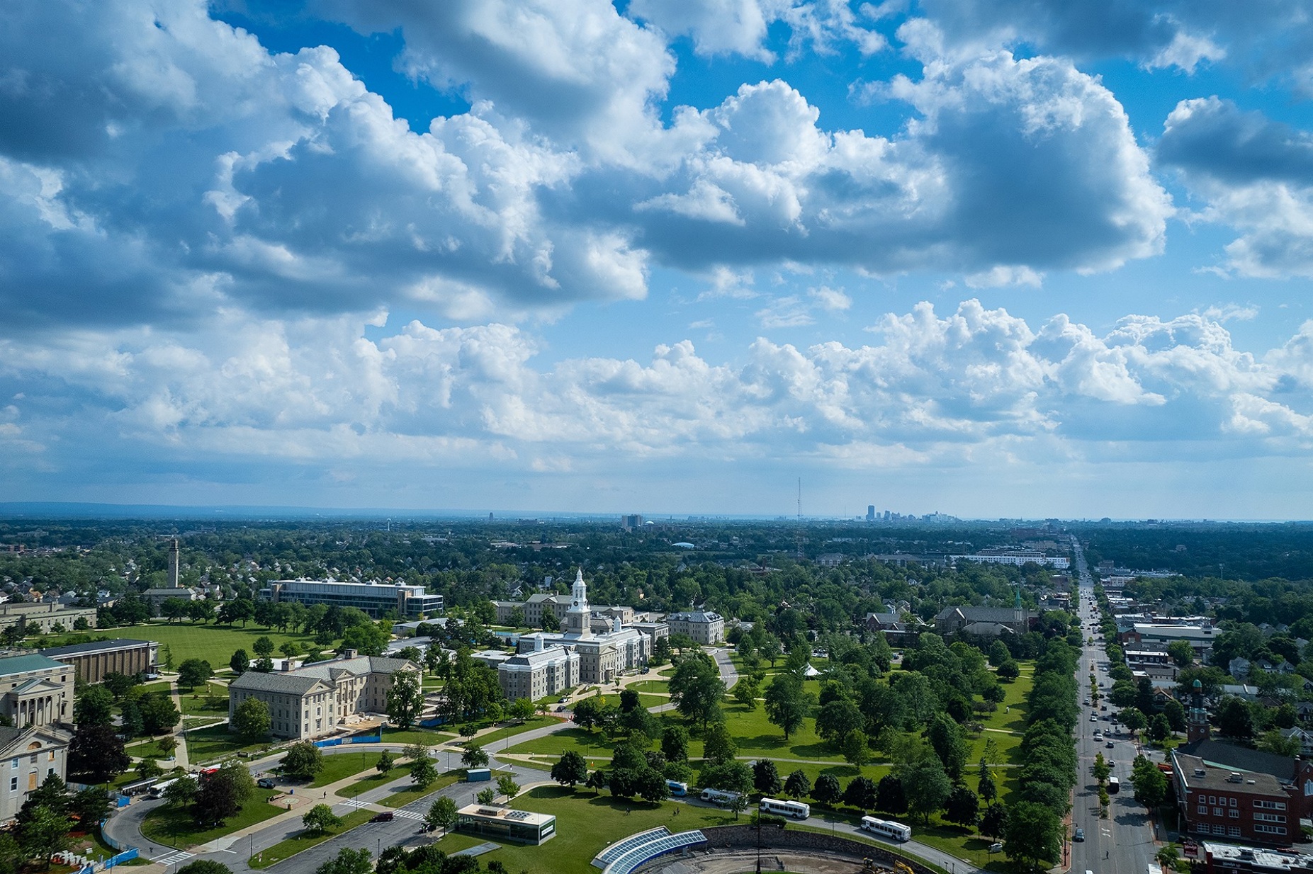 Zoom image: An aerial view of UB's South Campus, with downtown Buffalo in the distance. Photo: Douglas Levere 