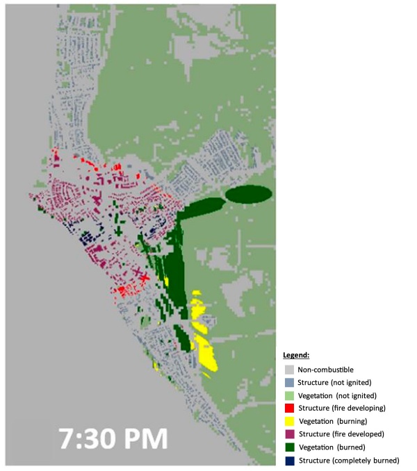 Zoom image: The image above shows a simulation of the Lahaina wildfire at 7:30 p.m. on Aug. 8. The image is&nbsp;taken from the University at Buffalo-developed SWUIFT (Streamlined Wildland-Urban Interface Fire Tracing) program. Credit: University at Buffalo. 