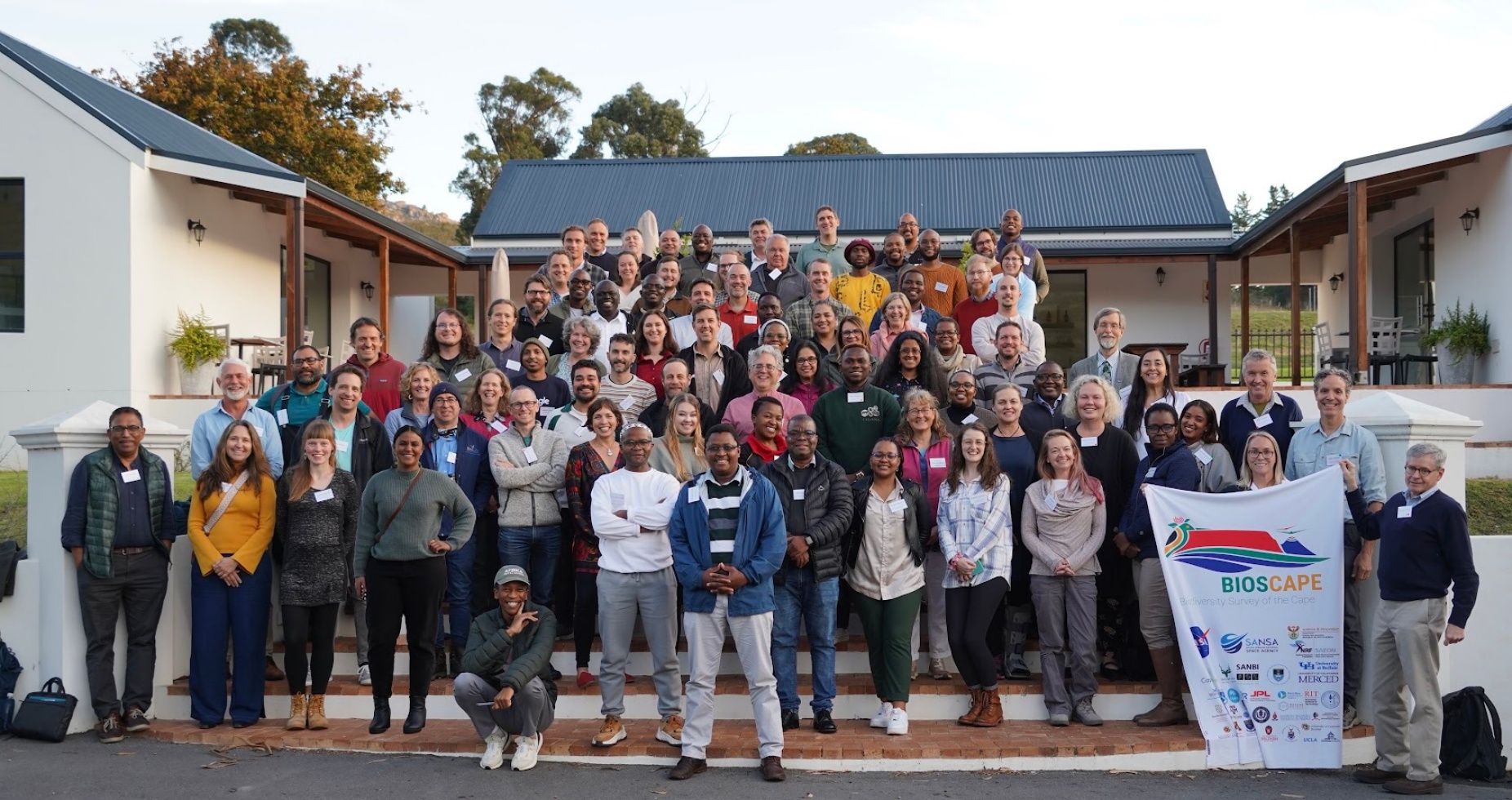 Zoom image: The BioSCape science team at a workshop in May in Grabouw, South Africa. The team has about 150 people, half from the U.S. and half from South Africa. Photo: Adam Wilson 