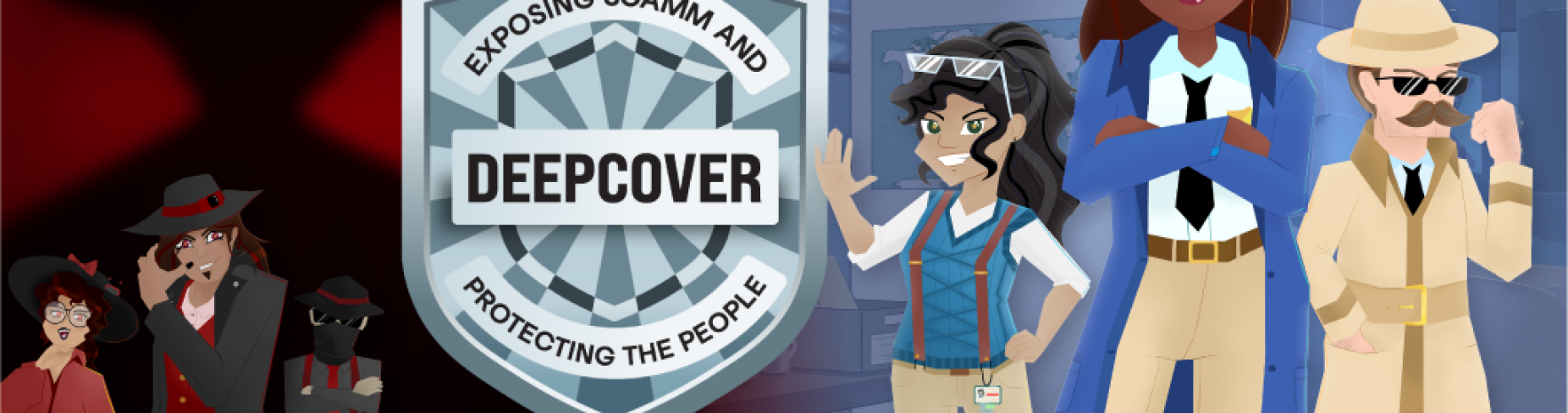 Screen grab from Deepcover app showing a logo badge, and six charactors from the app.