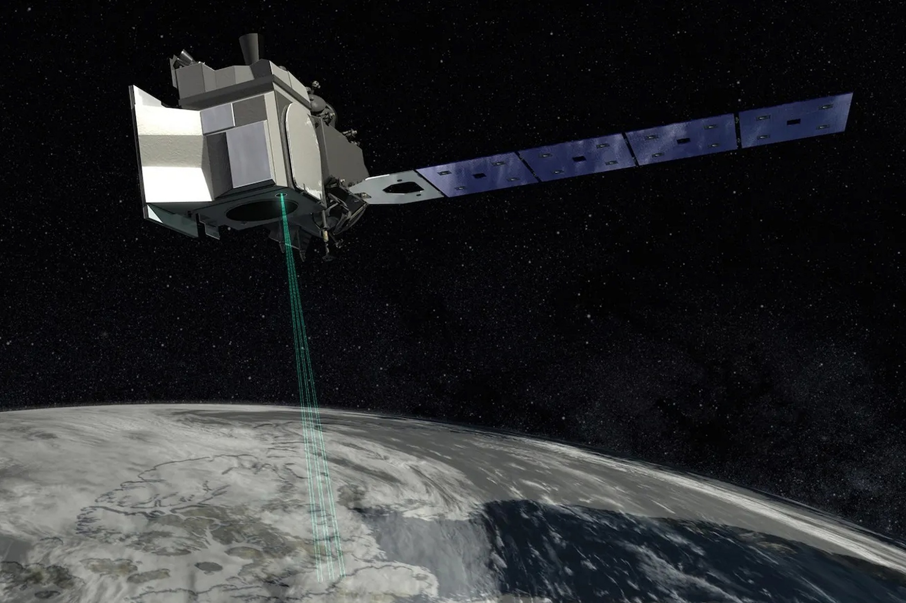 Zoom image: The ICESat-2 mission will measure the changing height of Earth&rsquo;s glaciers, ice sheets and sea ice, one laser pulse at a time, 10,000 laser pulses per second. Image courtesy of NASA 