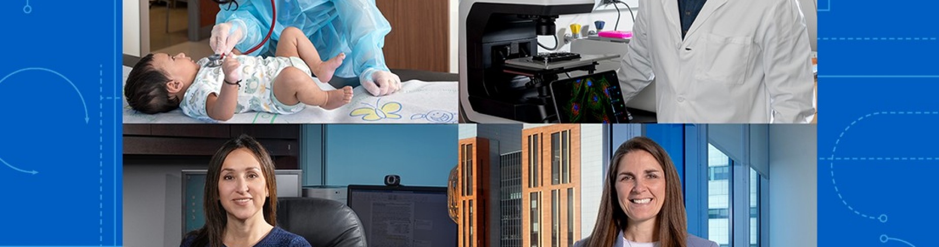 Four photos: top left: Danielle Goetz examines baby; top right Ryan Hunter in lab coat in lab; Bottom left: Beth Smith in office; bottom right Carla Frederick bottom right.