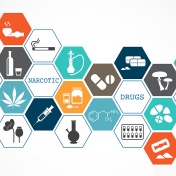 Graphic displaying different types of drugs and alcohol, each within connected hexagon shapes. 