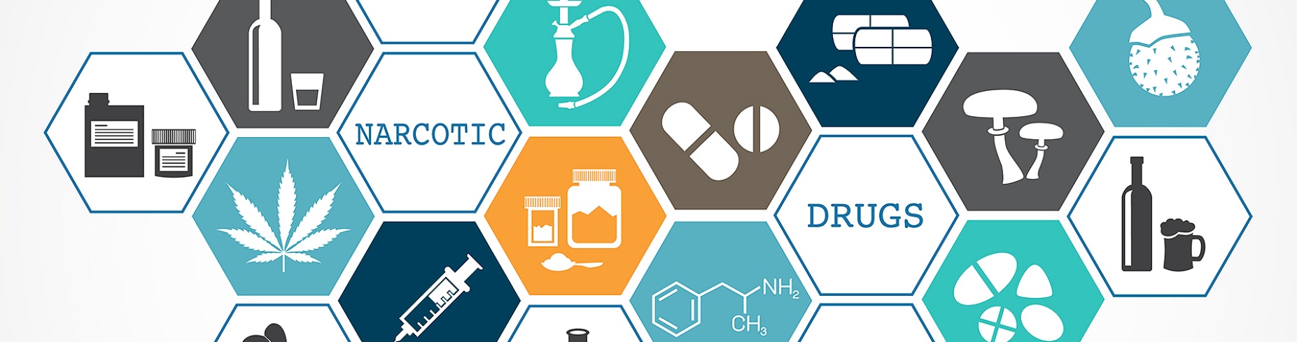 Graphic displaying different types of drugs and alcohol, each within connected hexagon shapes. 
