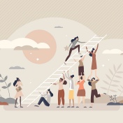 Small figures holding up a ladder that others climb, concept of educational equity. 