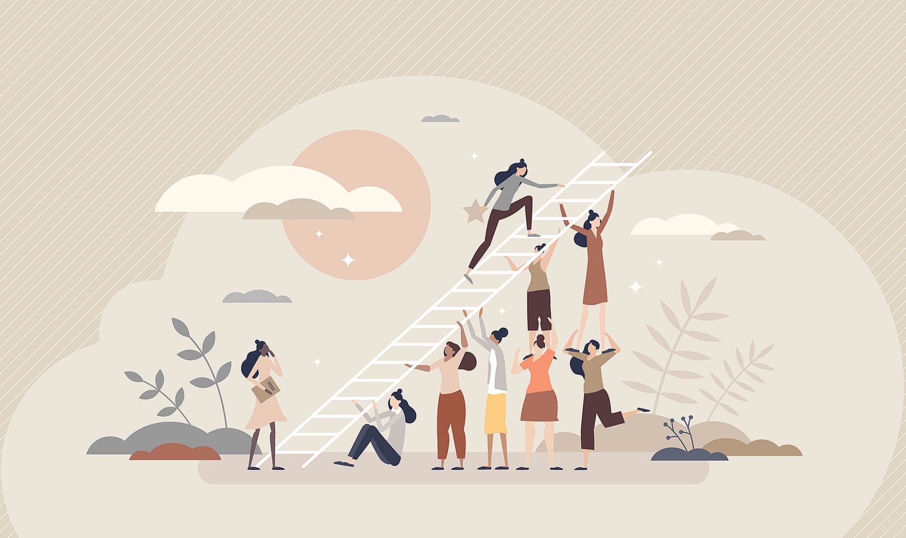 Small figures holding up a ladder that others climb, concept of educational equity.