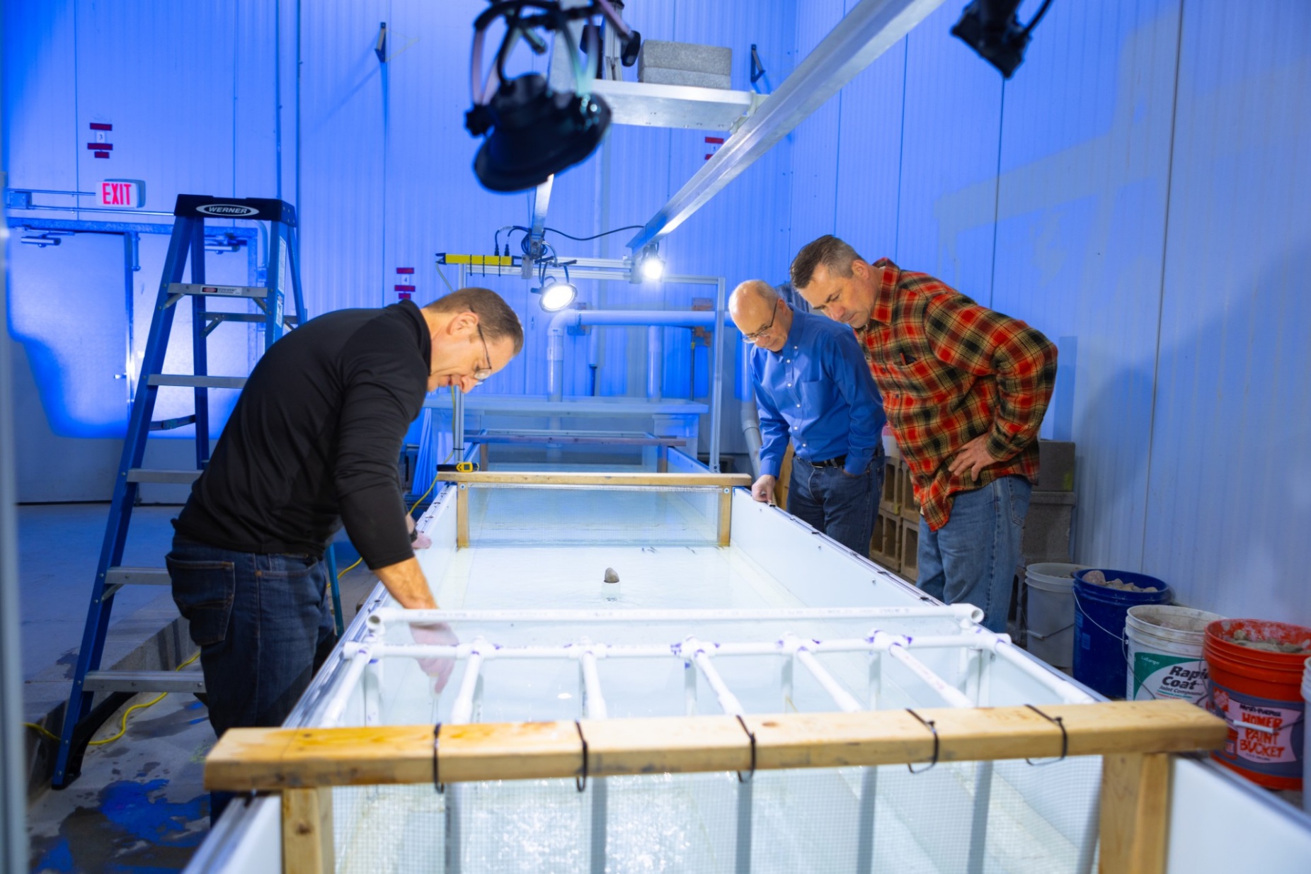 Zoom image: (Left to right) Adam Grodek, Sean Bennett and Kevin Cullinan observe emerald shiner minnows swim in an experimental flume. These observations were the basis for the Freedom Park fishway. Photo: Douglas Levere/University at Buffalo 