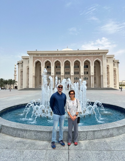 Zoom image: (Left to right) Navarro-Ramos and his adviser, Aga, on the American University of Sharjah campus during their stay there in April. Photo: Jonathan Navarro-Ramos. 