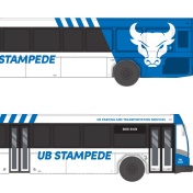Zoom image: The exterior designs for the interim fleet of twenty 40-foot Gillig transit buses that will maintain UB Stampede&rsquo;s continuity of service until the electric buses arrive in fall 2025. 