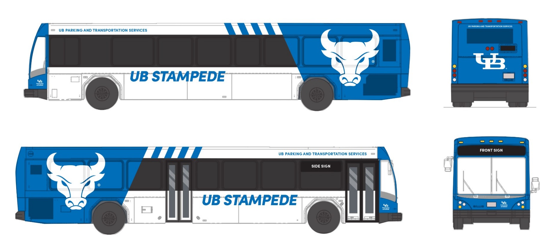 Zoom image: The exterior designs for the interim fleet of twenty 40-foot Gillig transit buses that will maintain UB Stampede&rsquo;s continuity of service until the electric buses arrive in fall 2025. 