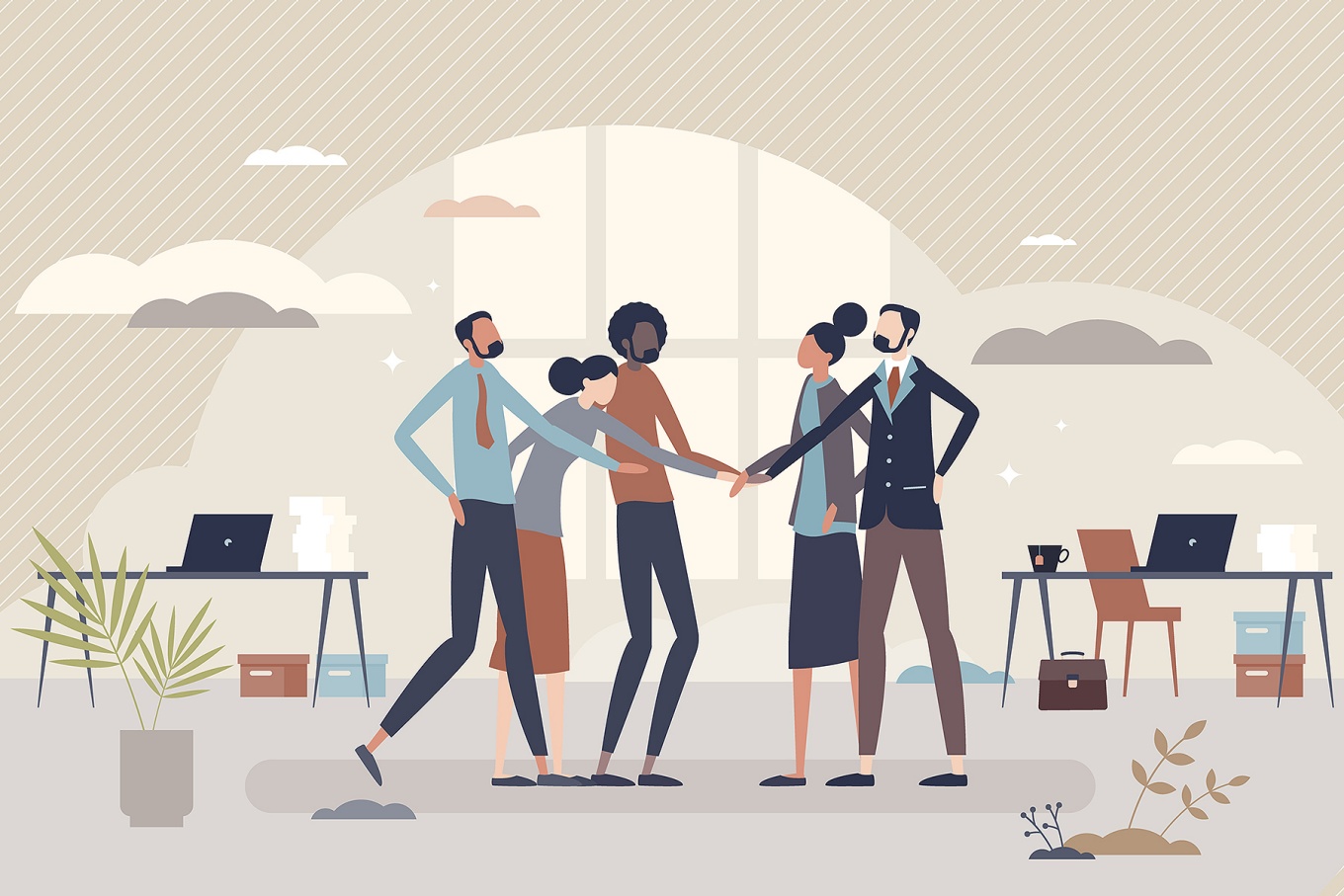 Concept of an inclusive workplace featuring diverse colleagues working together. 