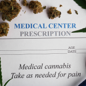 Concept of cannabis used for pain management featuring a prescription pad, stethoscope and dried cannibis buds. 