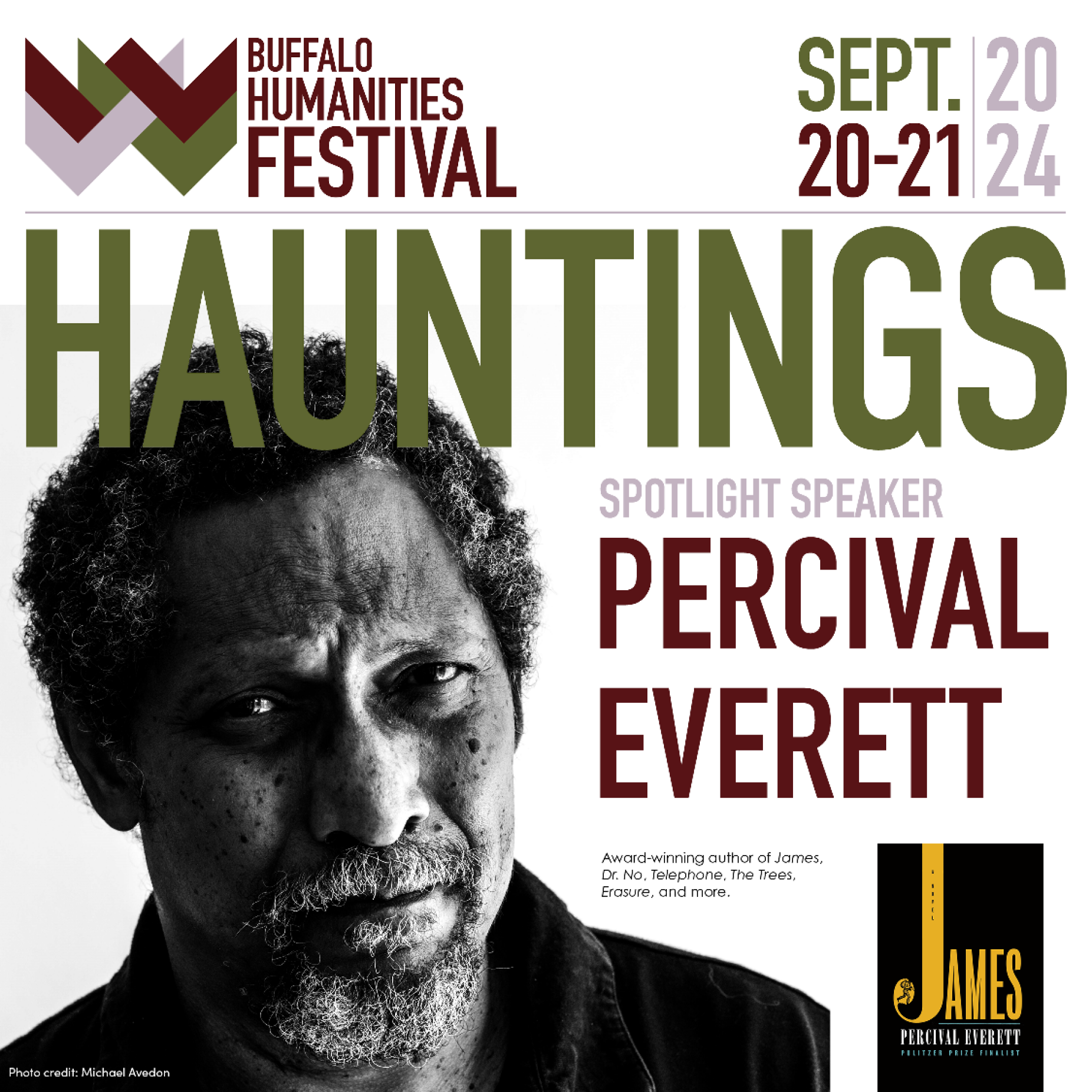 Poster for the Buffalo Humanities Festival featuring a photo of spotlight speaker Percival Everett.