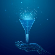 Concept of AI data analysis featuring a funnel filtering data. 