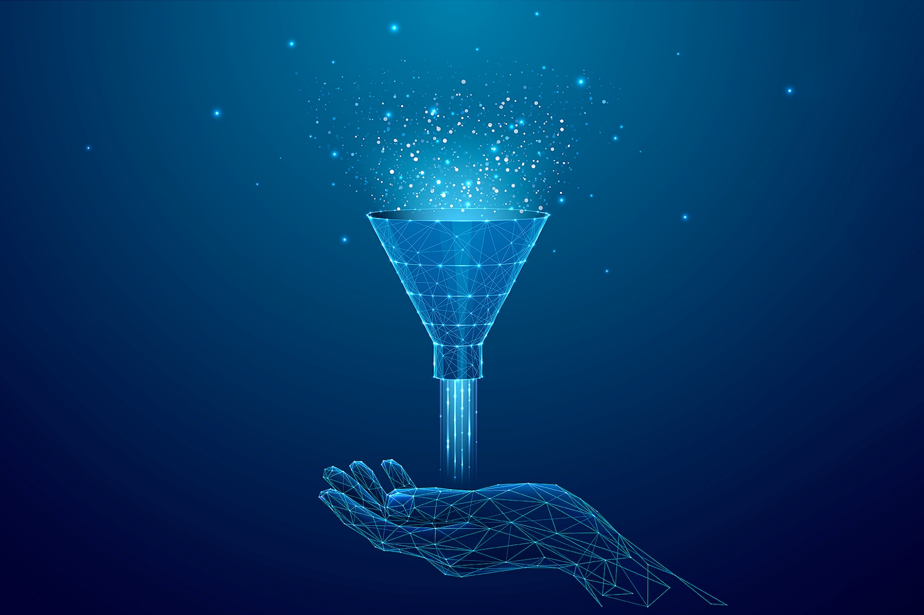 Concept of AI data analysis featuring a funnel filtering data.