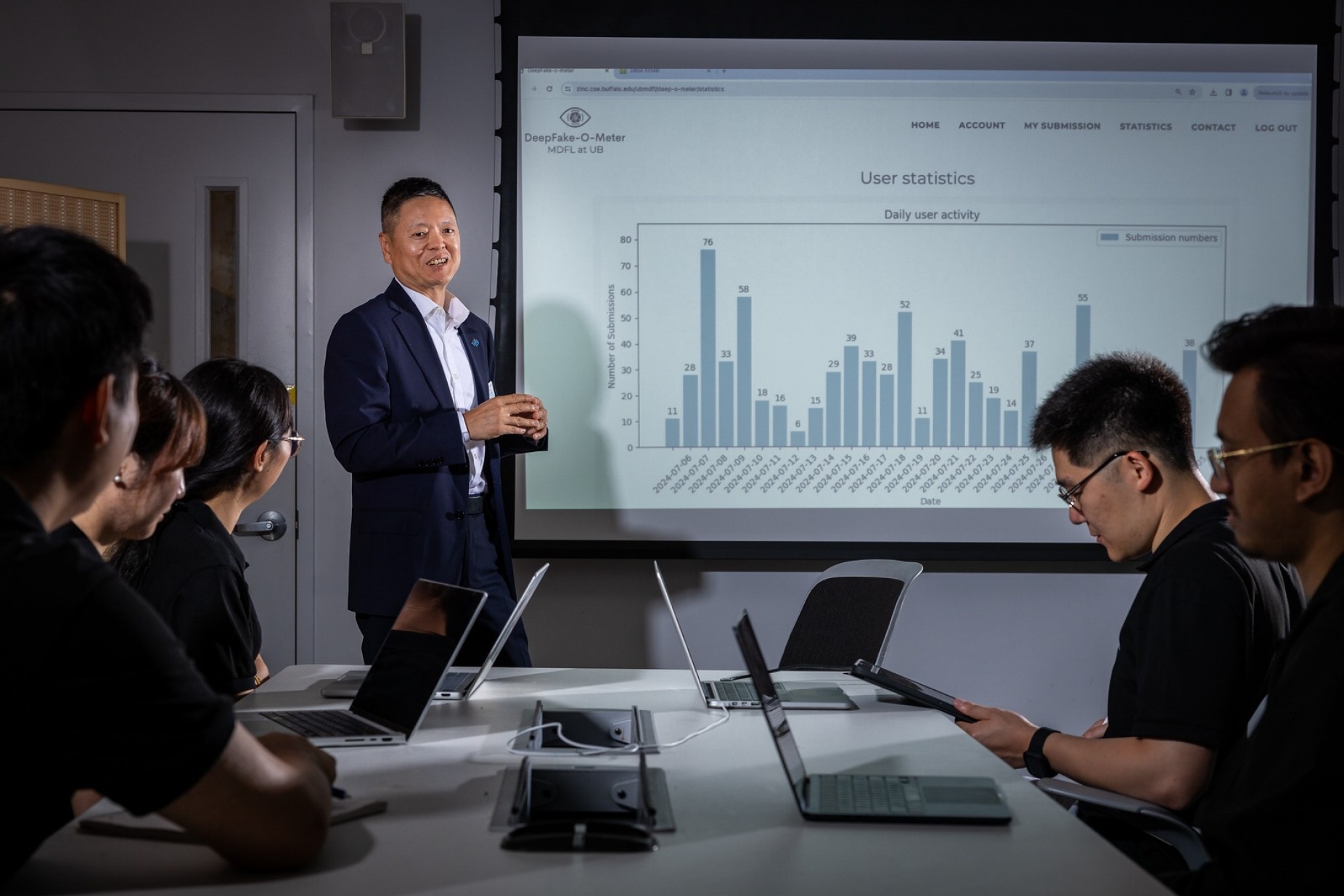 Zoom image: Lyu and his UB Media Forensics Team rountinley oblige requests from jouranlists and law enforcement to analyze deepfakes. Photo: Meredith Forrest Kulwicki/University at Buffalo 