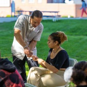 Zoom image: Jason Corwin (Seneca Nation, Deer Clan), clinical assistant professor in the UB Department of Indigenous Studies, teaching his introduction to land-based learning class.&nbsp;Photo: Douglas Levere 