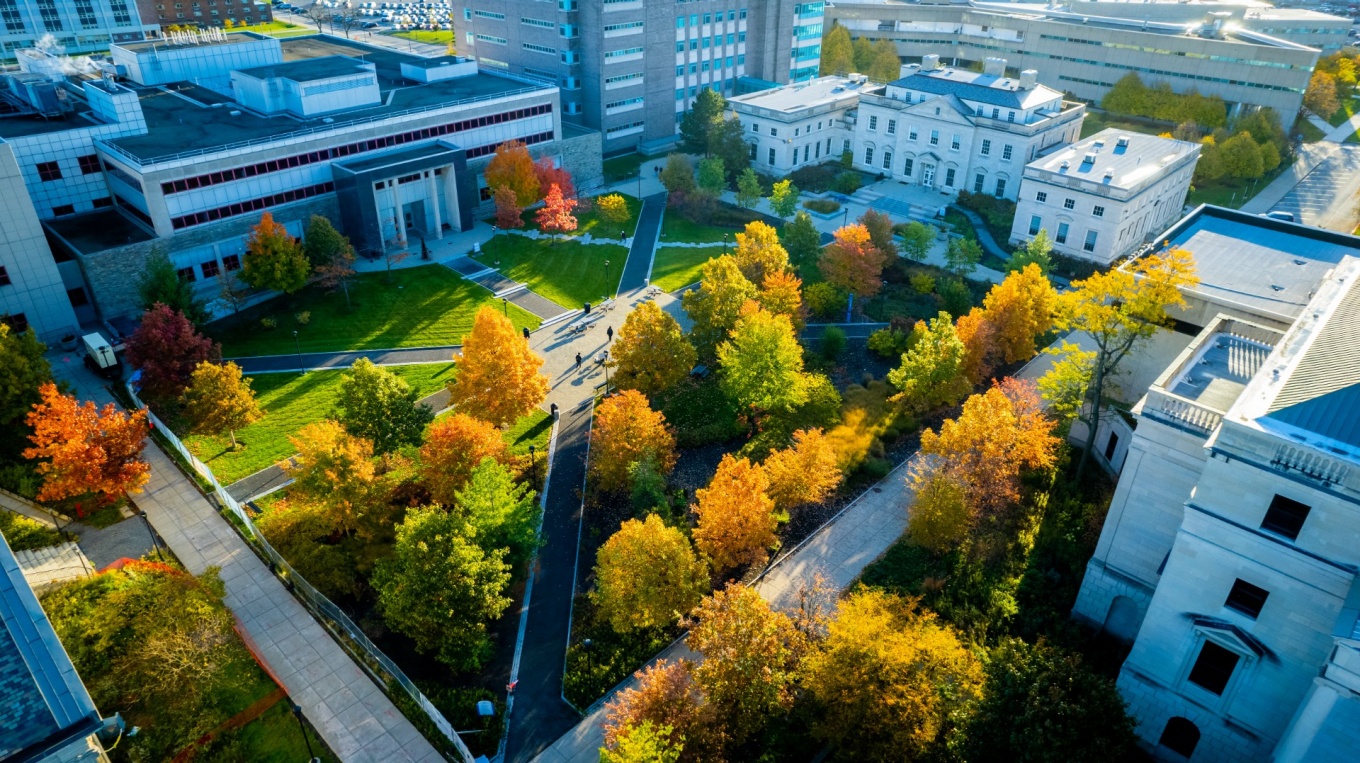 Aerial view of Squire Hall. 