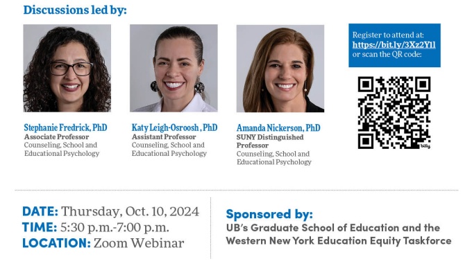 Zoom image: Photos of faculty identified as experts to speak on the cellphone bans in schools, surrounded by informational text and how to register for event discussing bans