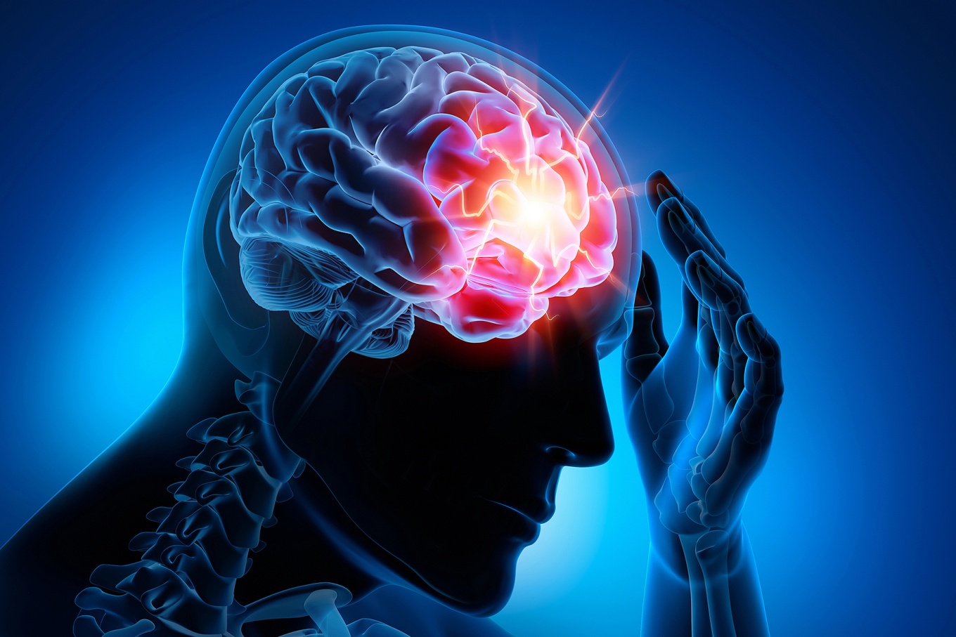 Skeletal image with brain structure visible of person holding his head. 